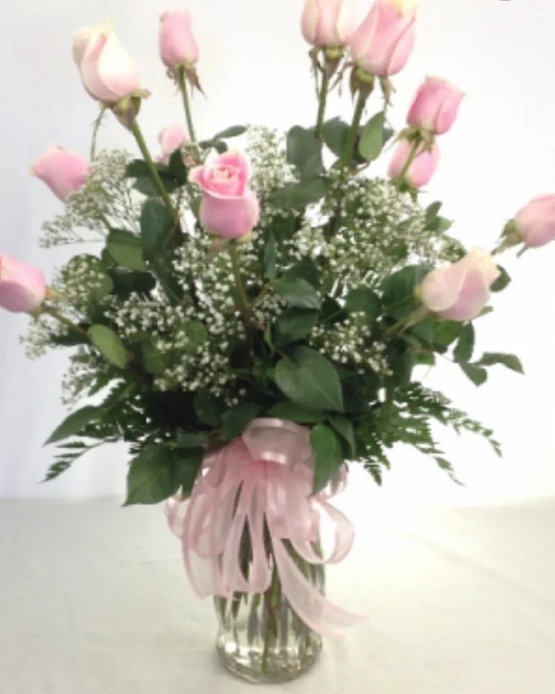 Dozen Long Stemmed Pink/Coral/Yellow Floral Arrangement from $75-$115