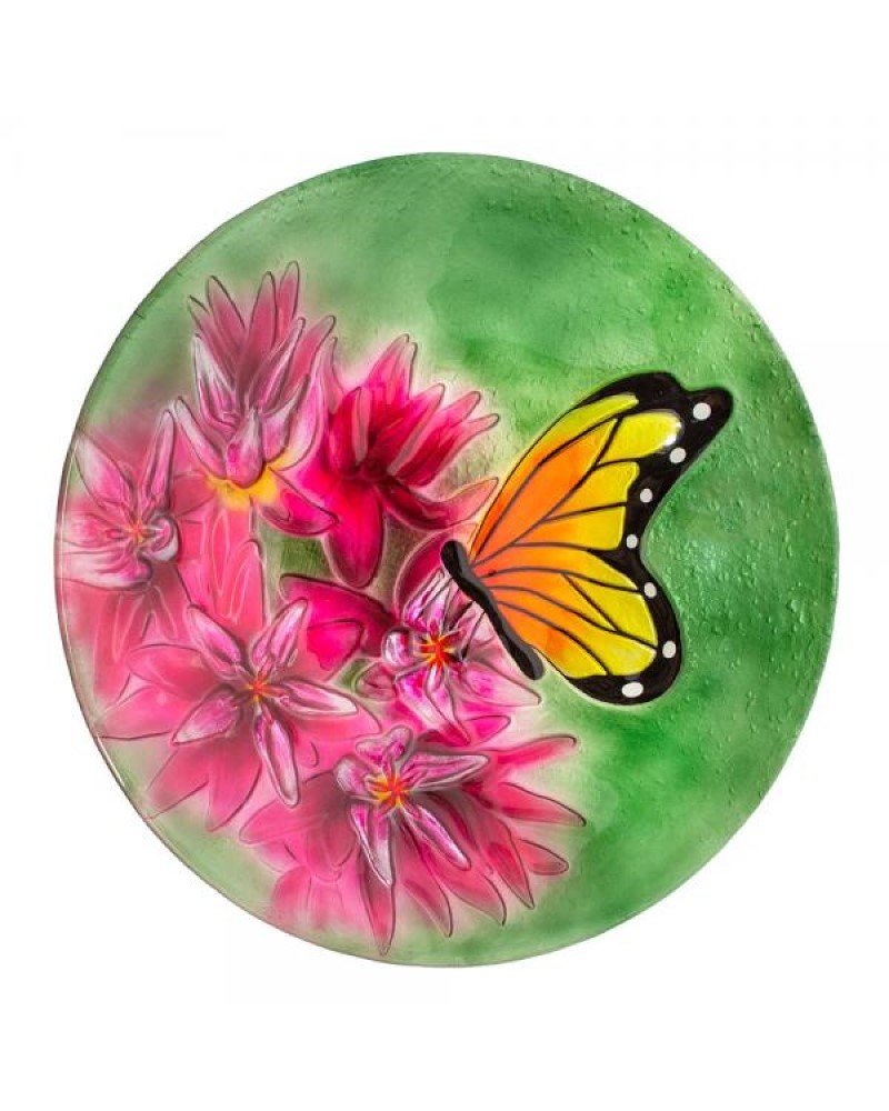 Monarch on Milkweed Glass Bird Bath