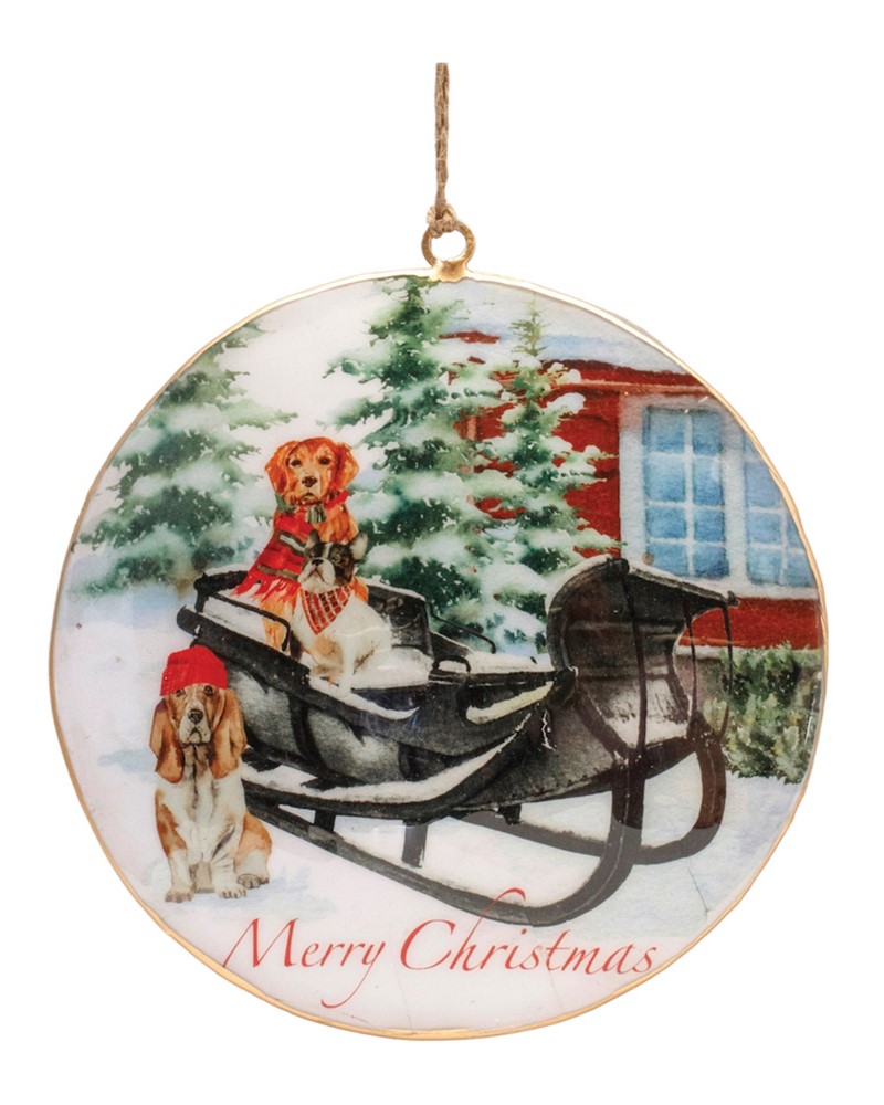 Dog and Sleigh Disc Ornament 6"