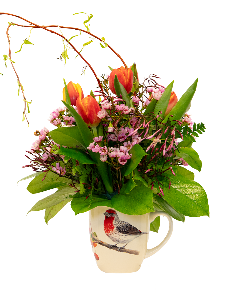 Custom Bird Mug Floral Arrangement