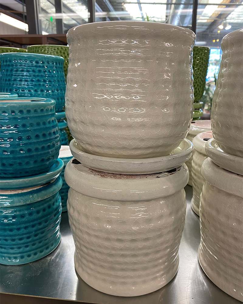 Dotted Line Pot with attached Saucer Crackle White 6"