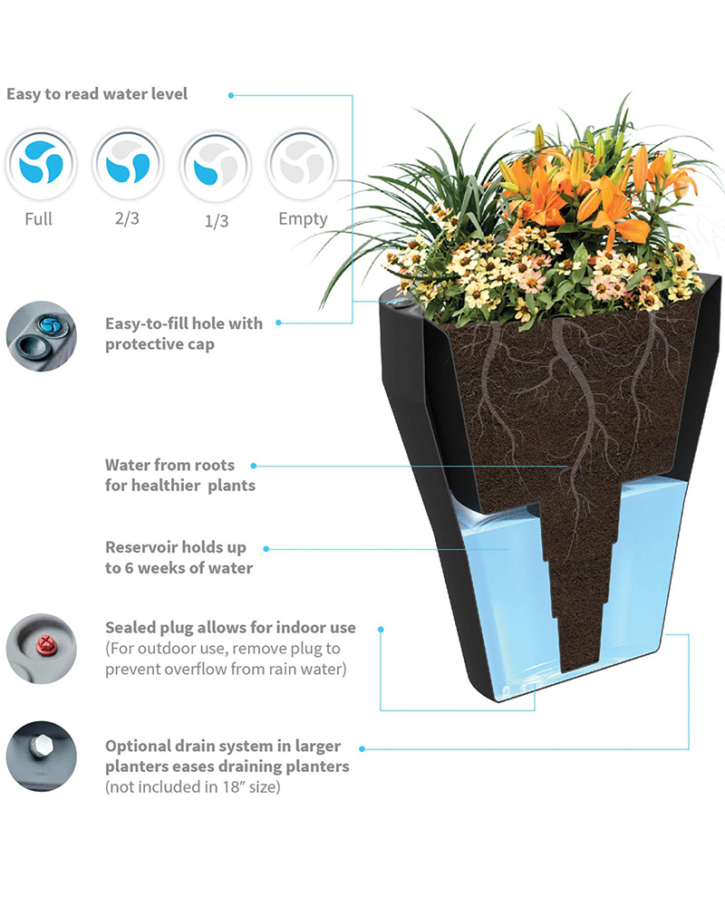 Crescent Self-Watering Rim Pot Black 22\"