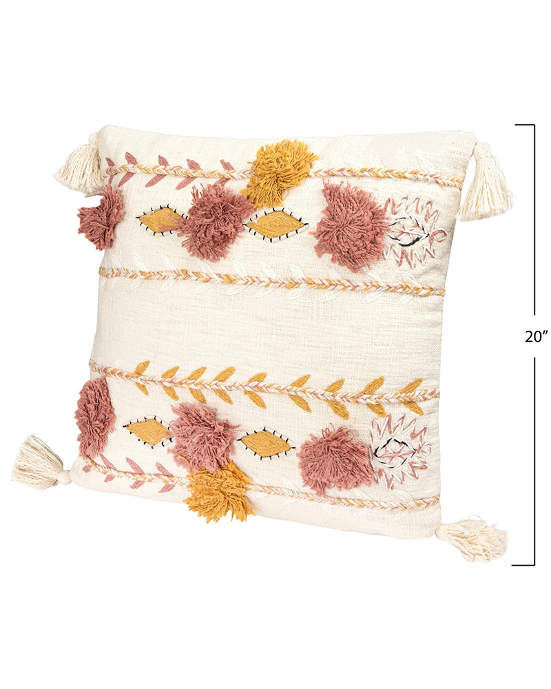 Cotton Embroidered Pillow with Tassels & Applique