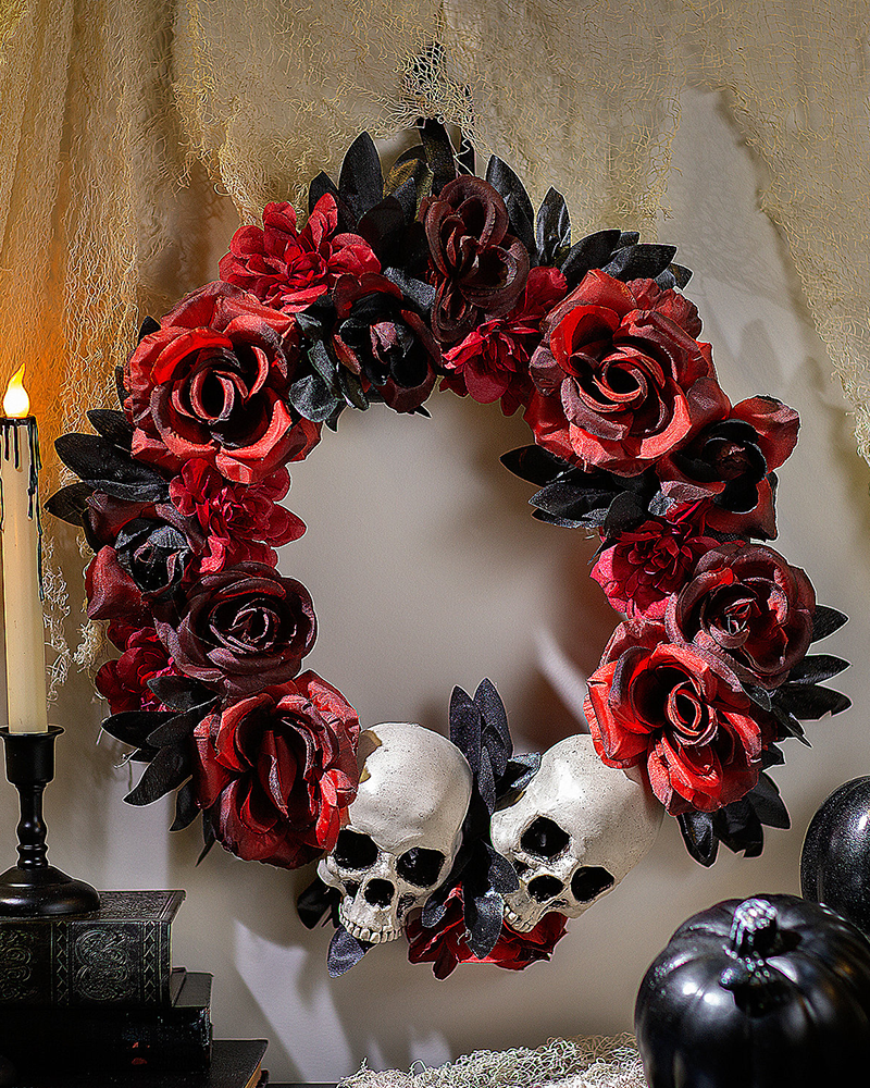 Red & Black Flower Wreath with Skulls