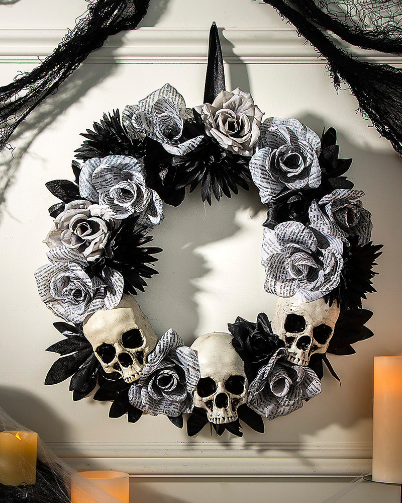 White Flower Wreath with Skulls