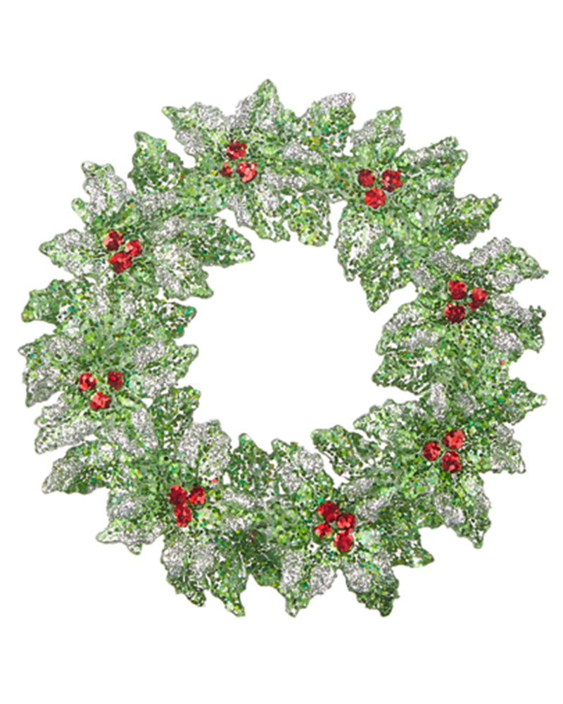 Glittered Holly Wreath Ornament Green 5.25"