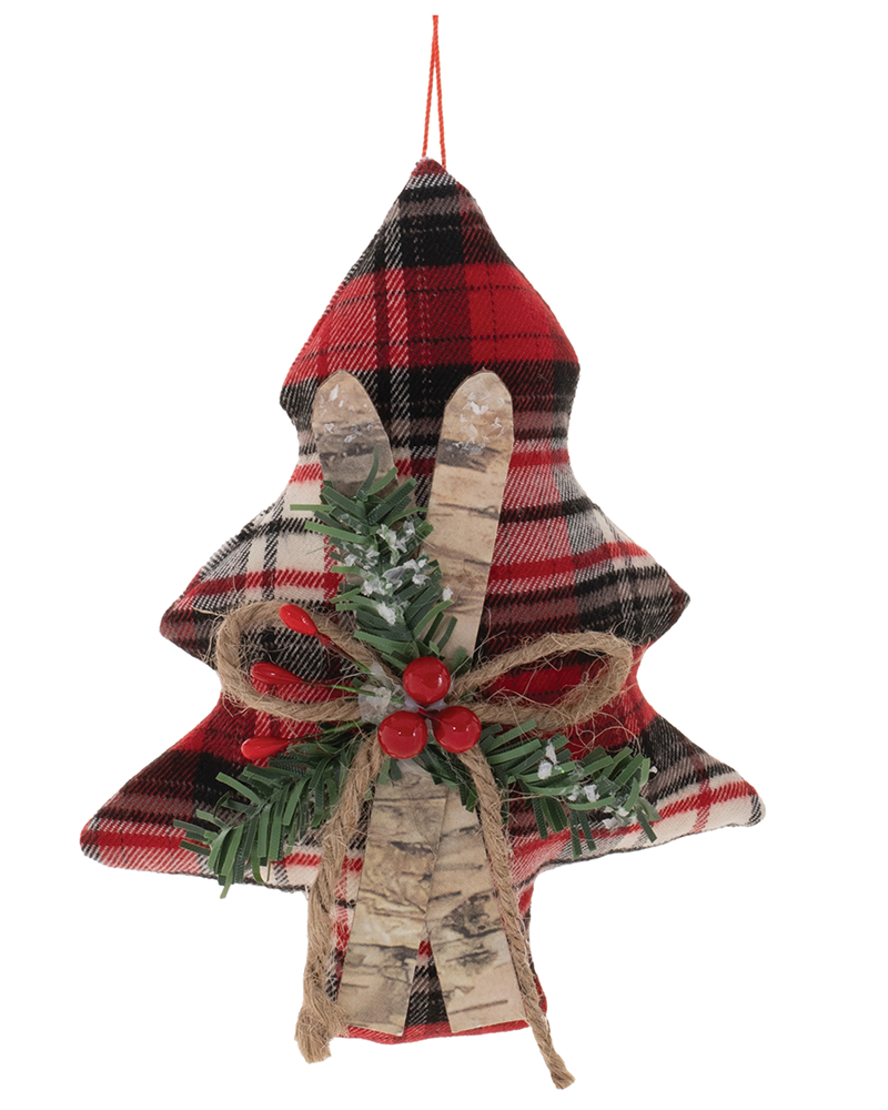 Plaid Tree with Skis Ornament 6"