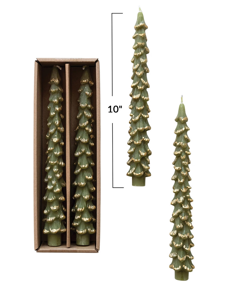 Taper Tree Candles Green with Gold Tips 10"