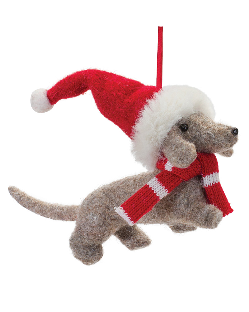 Dog with Santa Hat Ornament 8"L x 4.5"H