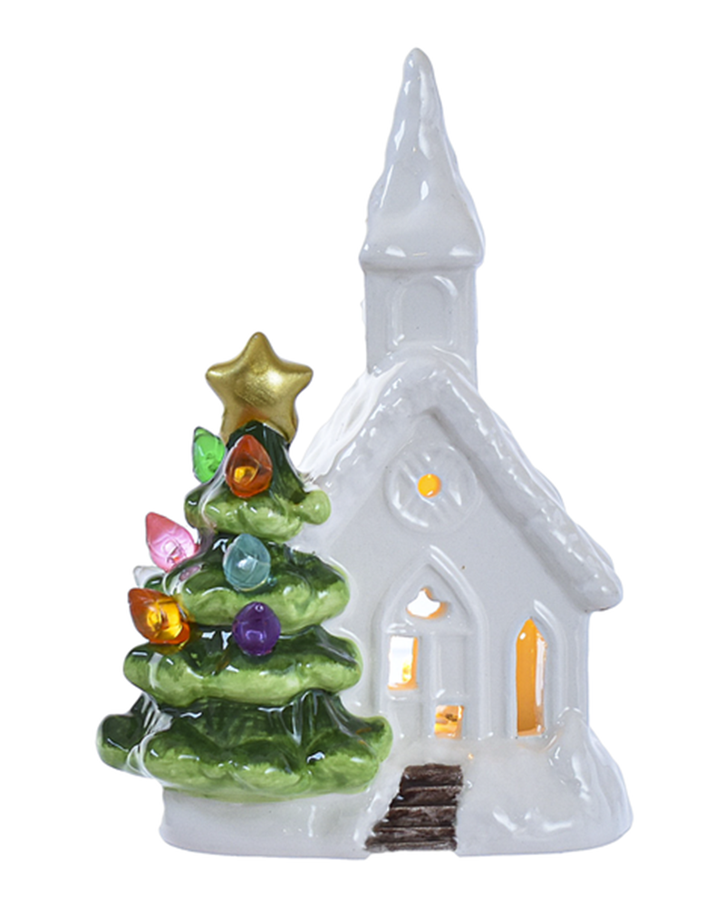 Church with Tree LED Light Up 4.75"