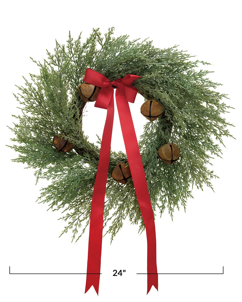 Wreath with Bells & Red Ribbon 24"