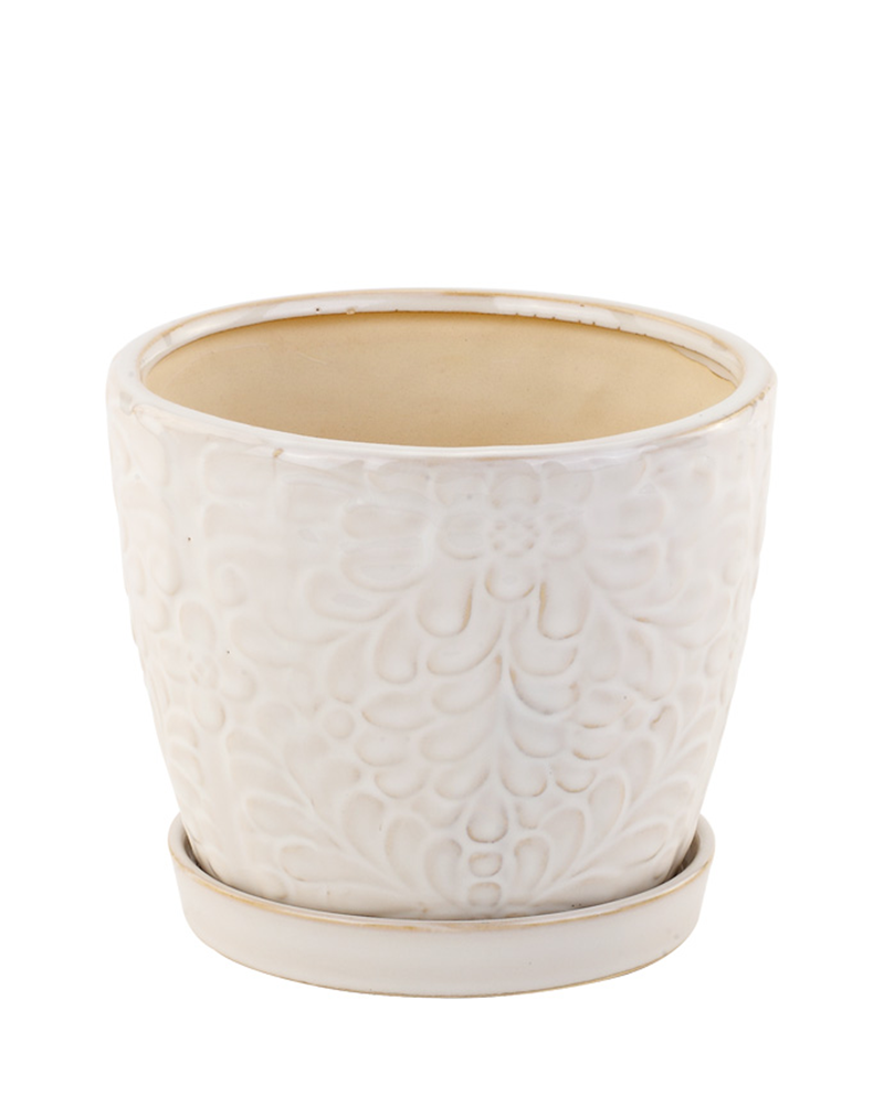 White Floral Planter with Saucer 6"