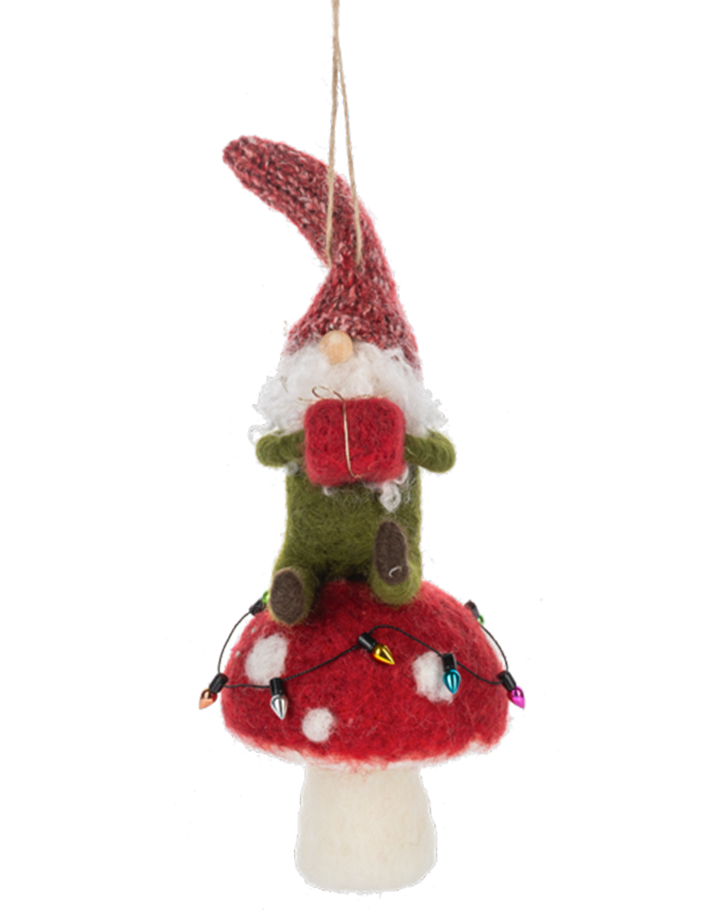 Wool Gnome on Mushroom Ornament 6.75"
