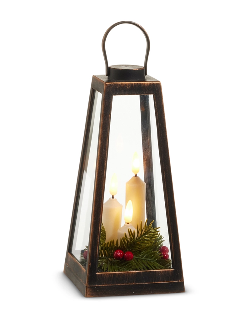Distressed Lantern with Candles & Greenery 9.25"