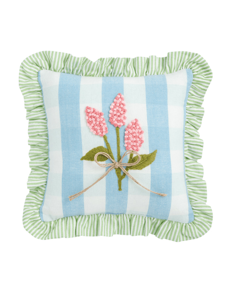 Pillow Embroidered Flower with Blue Check 8"