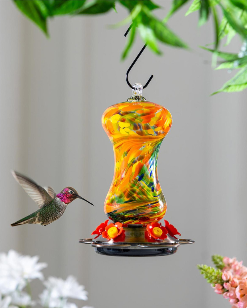 Glass Hummingbird Feeder Yellow Swirl