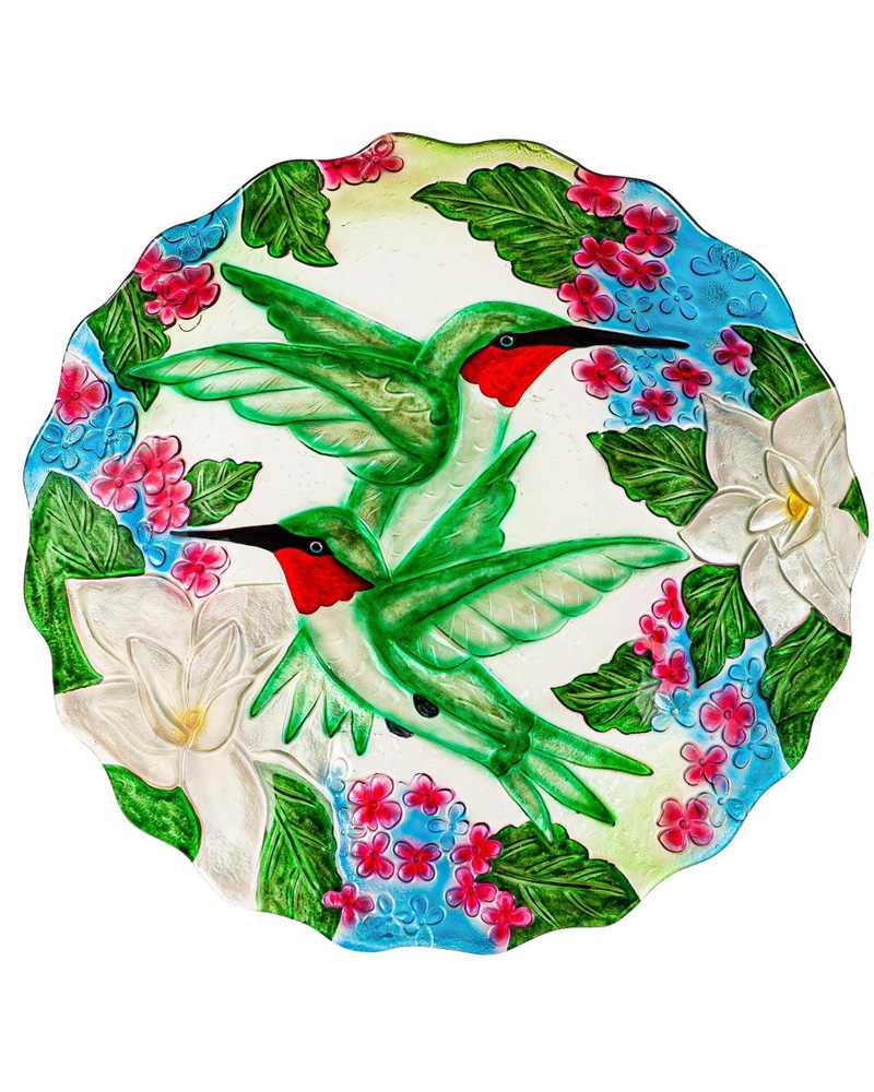 Bird Bath Glass Hummingbird Bouquet 18"
