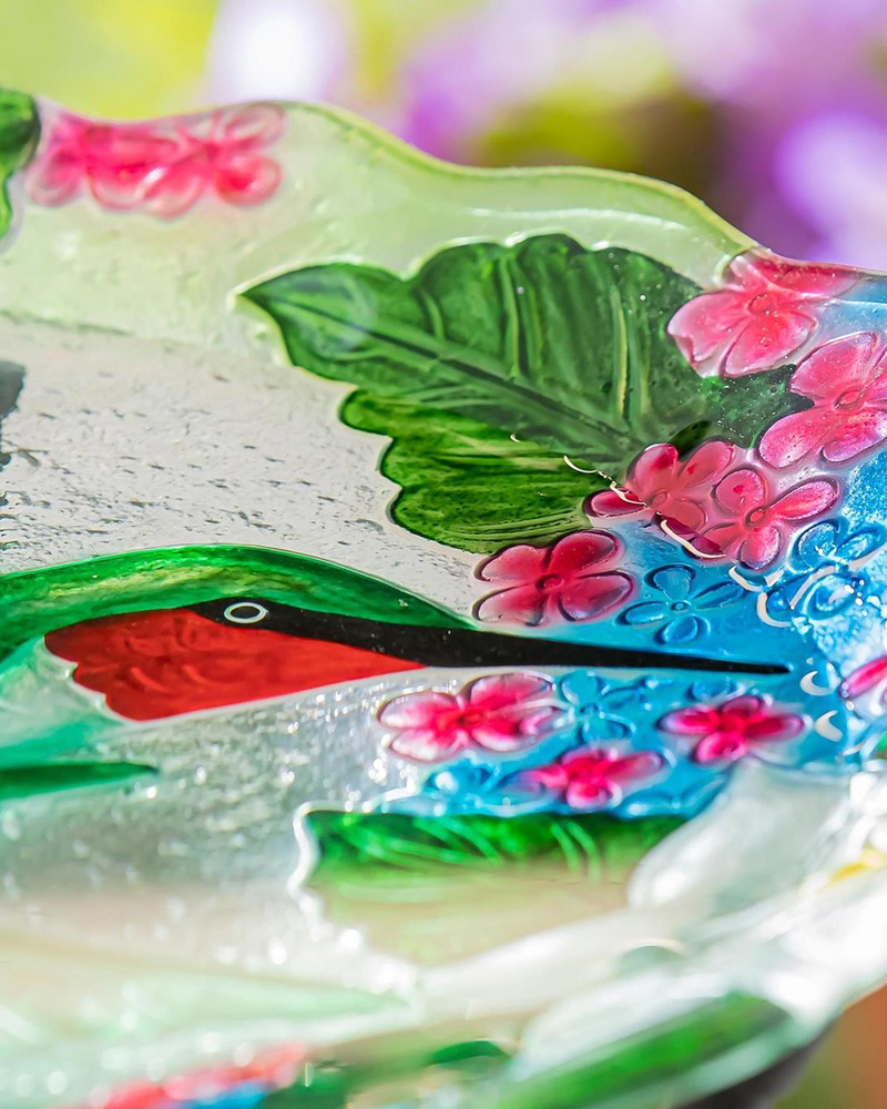 Bird Bath Glass Hummingbird Bouquet 18\"