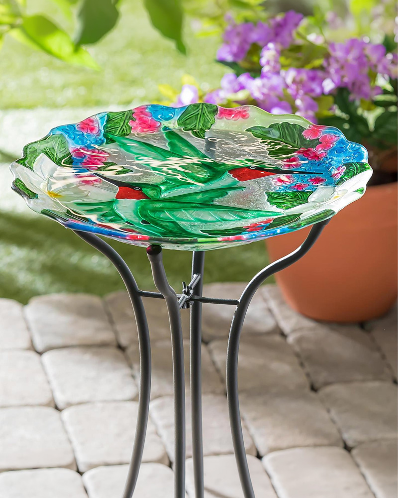 Bird Bath Glass Hummingbird Bouquet 18\"