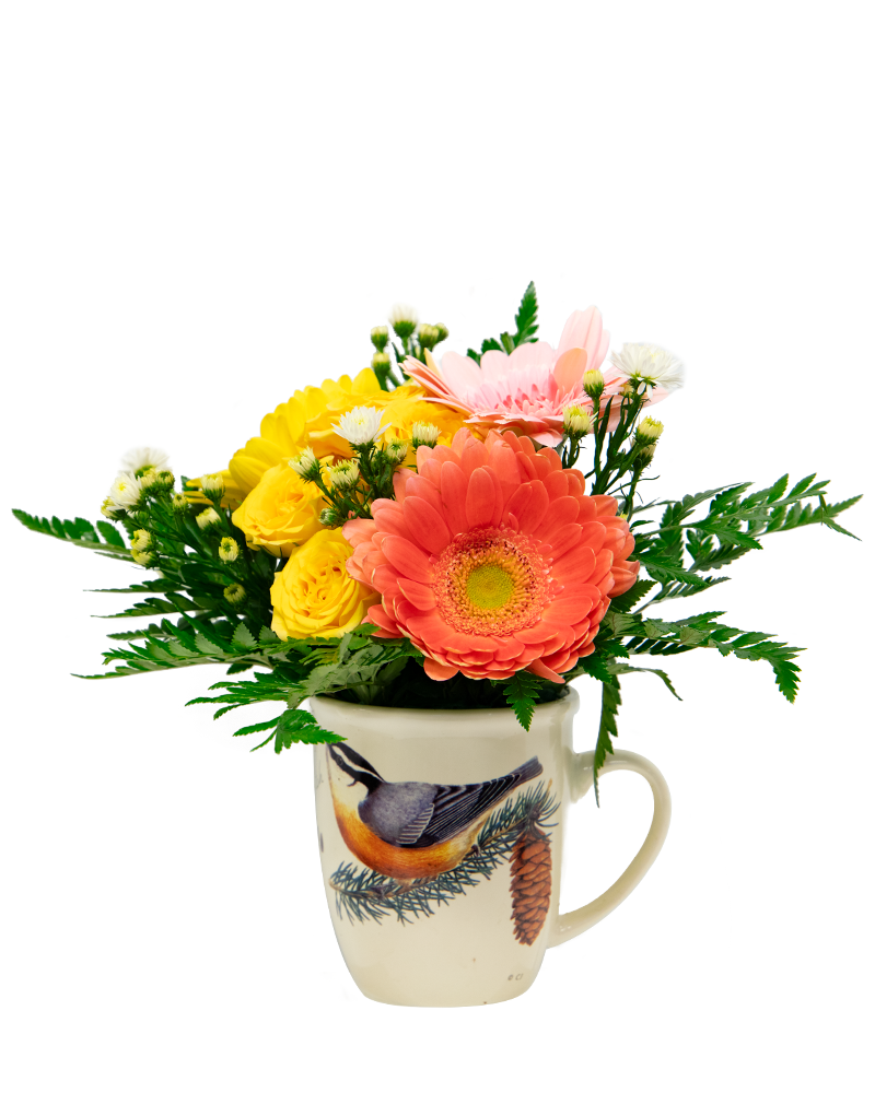 Custom Bird Mug Floral Arrangement