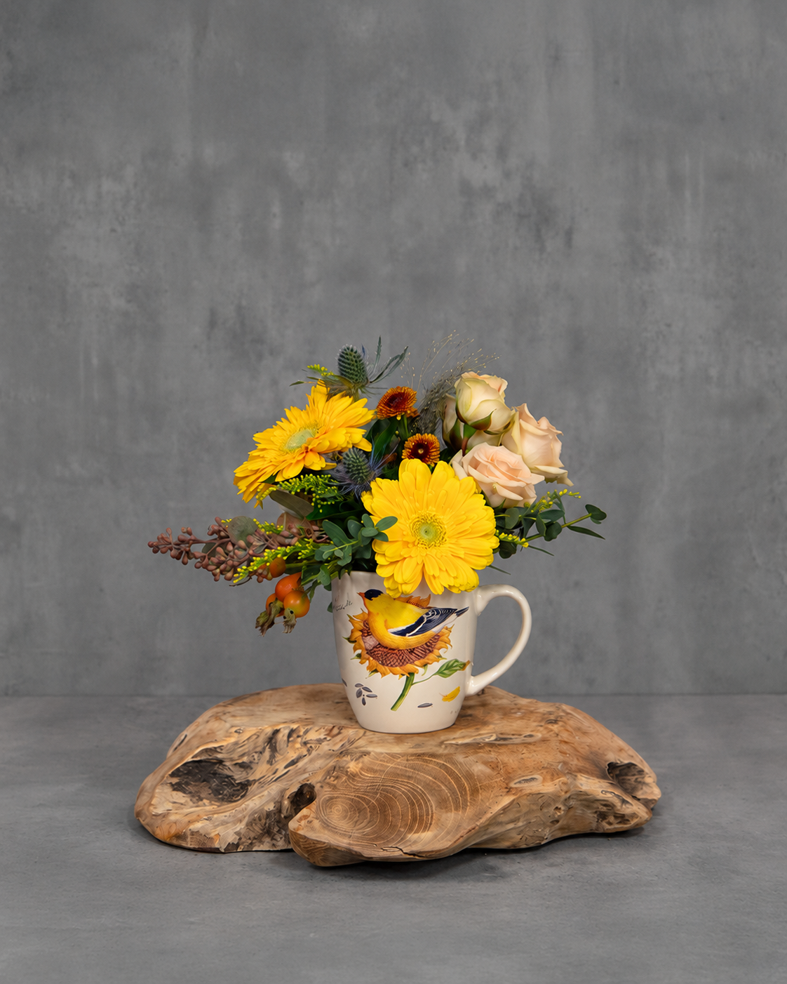 Custom Bird Mug Floral Arrangement