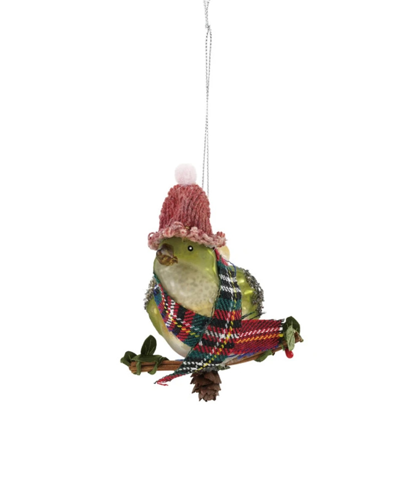 Hand-Painted Glass Bird on Branch Ornament 3.5"